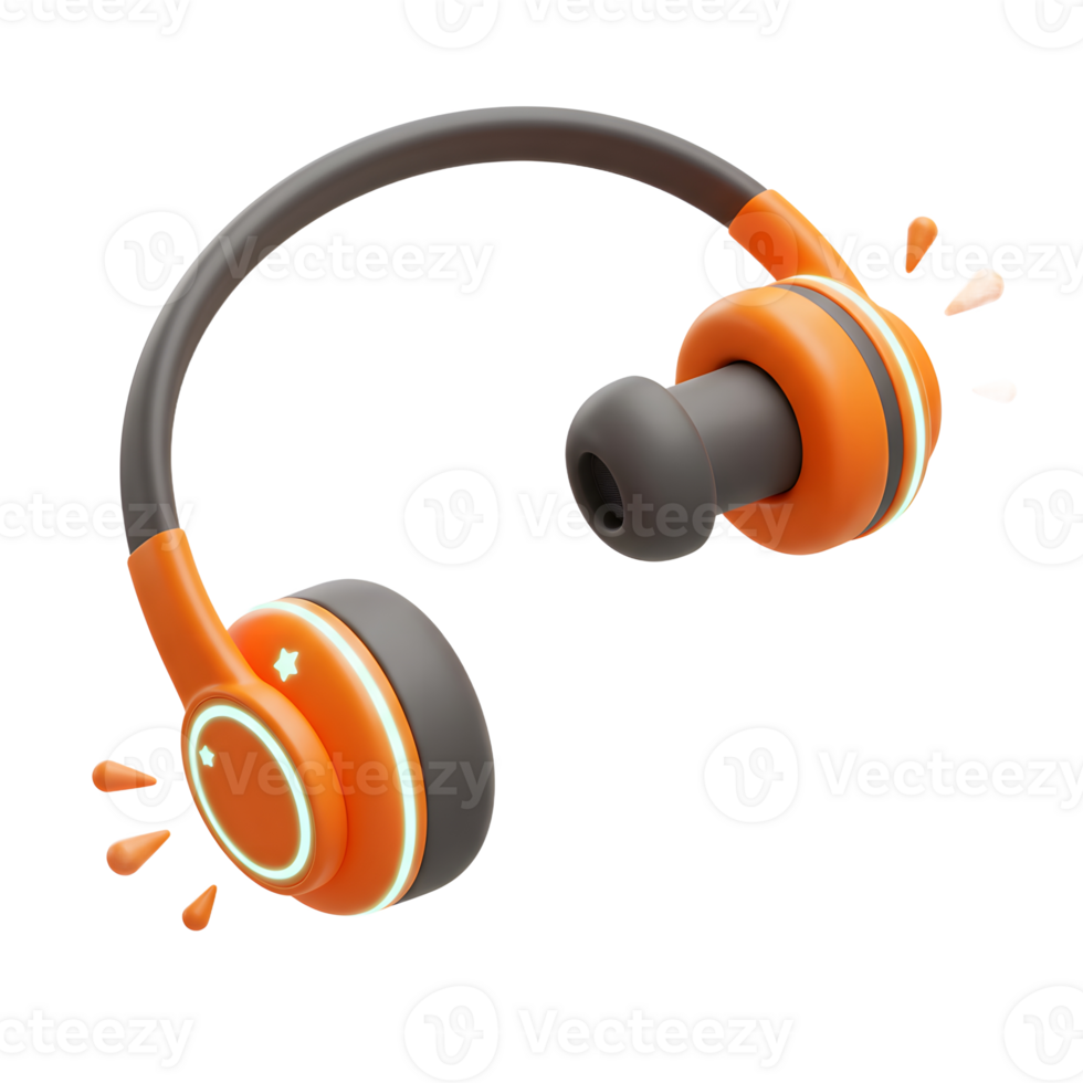 Illustration of orange and gray headphones with sound waves emanating from the earcups, which can be used for listening to music or other audio. png