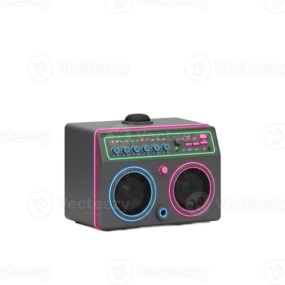 A black rectangular speaker is trimmed with neon lights and has a built-in microphone for playing music. png