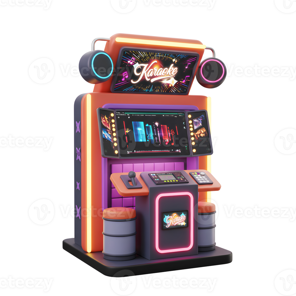 Illustration of a karaoke machine with multiple screens, speakers, and stools, perfect for adding a fun and musical atmosphere to designs. png