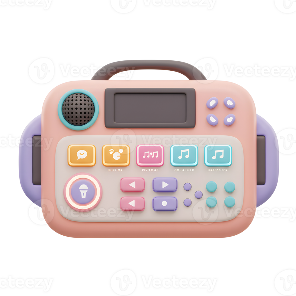 This is a toy music device with buttons, speaker, display and handle that is used for entertainment. png
