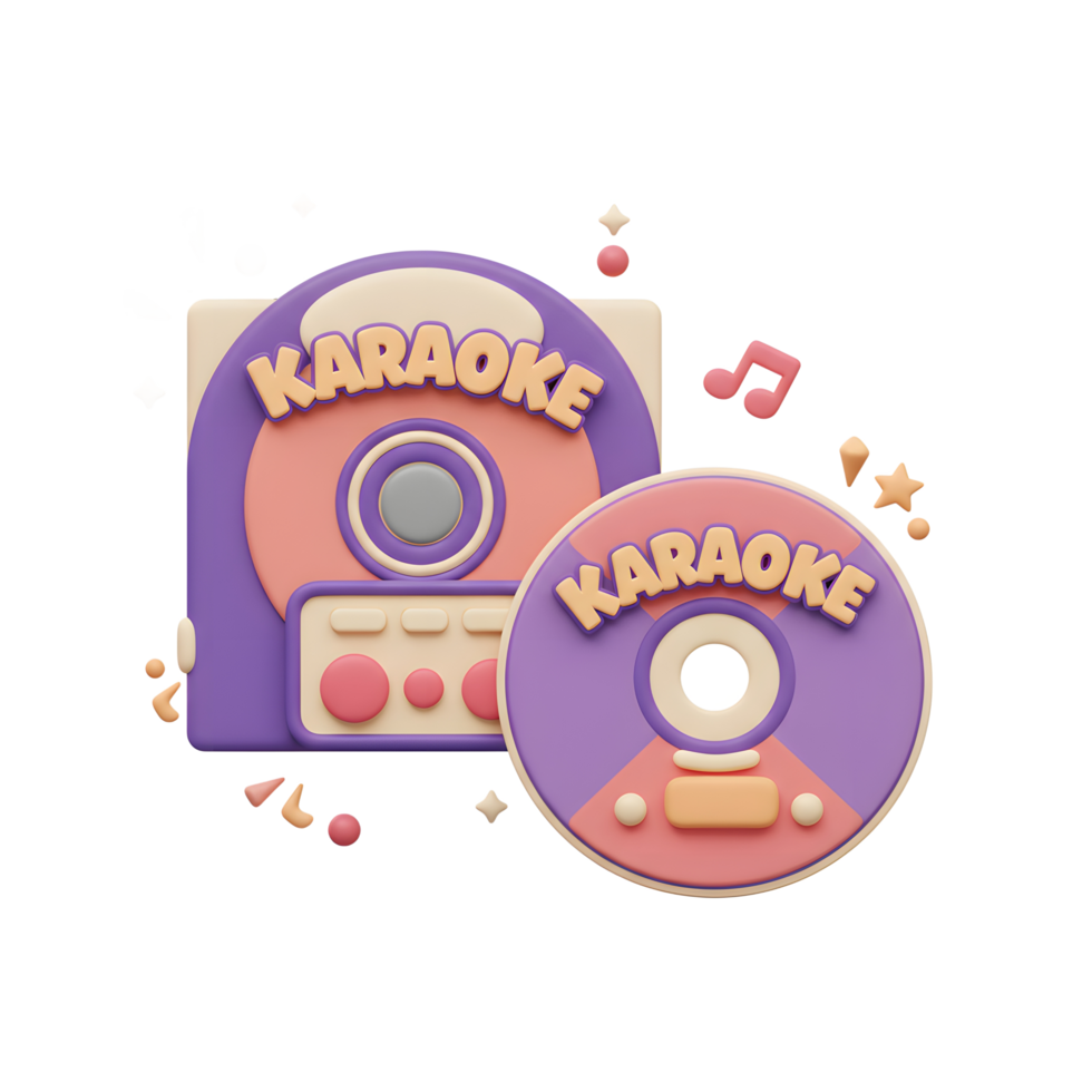 A karaoke machine and a disc are displayed in a 3D render style, perfect for entertainment and recreation projects. png