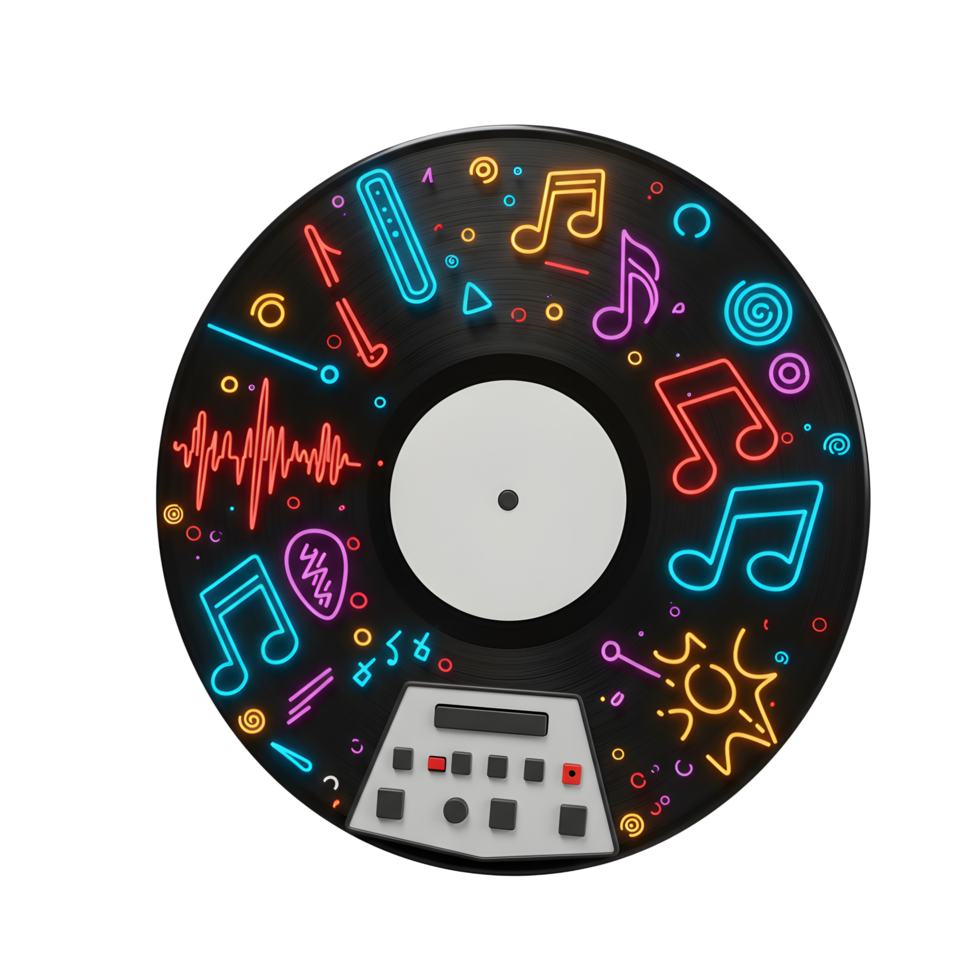Colorful neon music notes and an equalizer are shown on a black vinyl record to be used as a background image or graphic design element. png