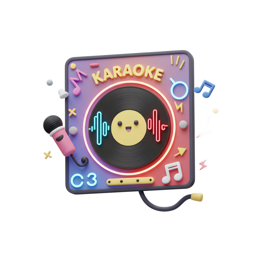 A cute 3D karaoke machine with a record, microphone, and musical notes creates a fun atmosphere for music and entertainment. png