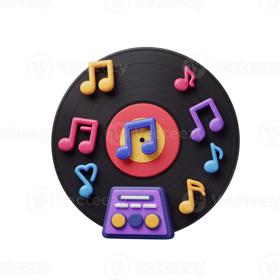 A vinyl record features colorful musical notes surrounding it along with a compact player in a vibrant, playful design, ideal for music-related themes. png