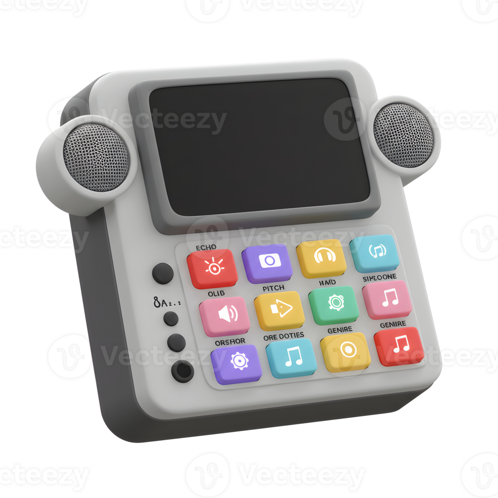 This gray portable music player features colorful buttons, a screen, and dual speakers, perfect for kids or anyone who loves retro tech. png