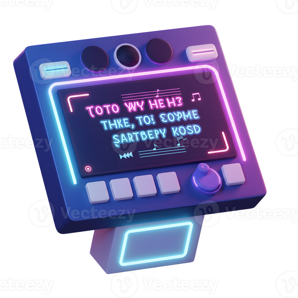 This is an interactive terminal with a screen displaying text and music notes, framed by neon lights and complemented by round buttons for engaging experiences. png