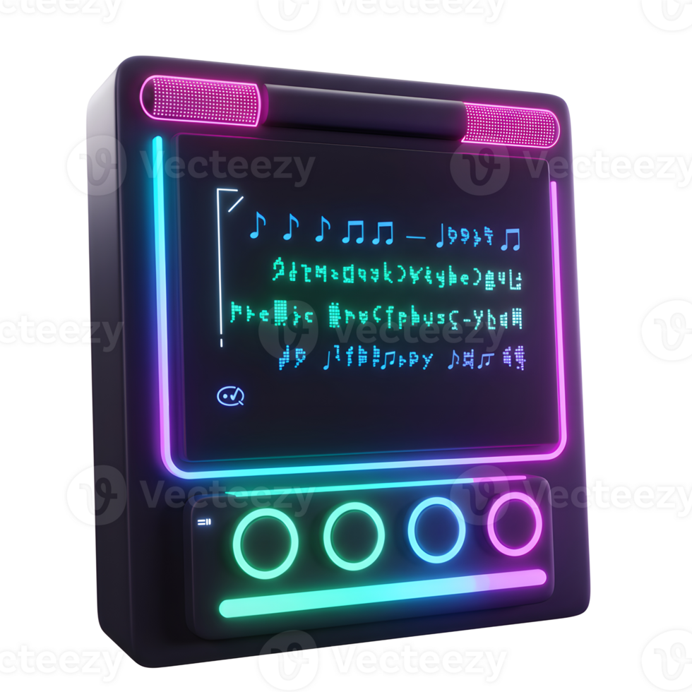 A music player with a screen displaying music notes and text, surrounded by vibrant neon lights, for listening to music. png