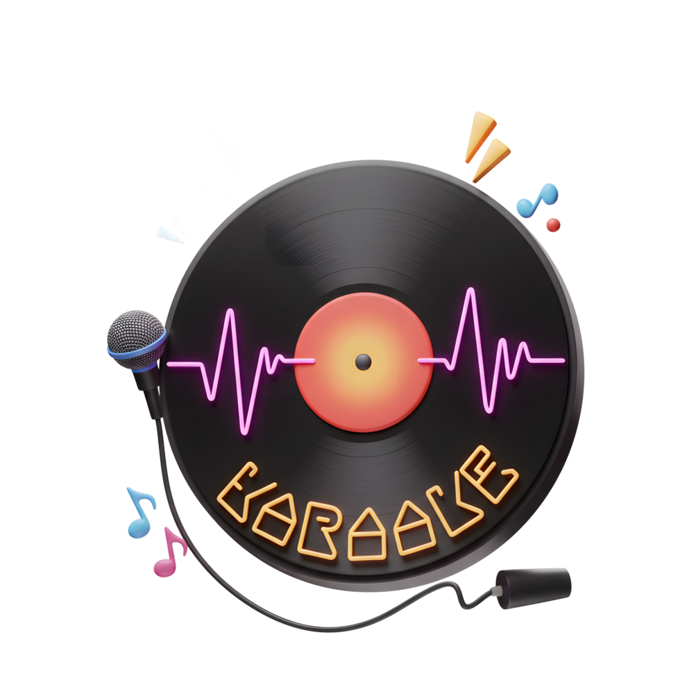 This image features a vinyl record, microphone, and neon lights, creating a karaoke theme, and it can be used for music-related projects. png