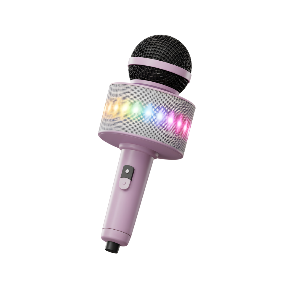 A pink microphone featuring colorful lights is displayed, which can be used for singing or karaoke. png
