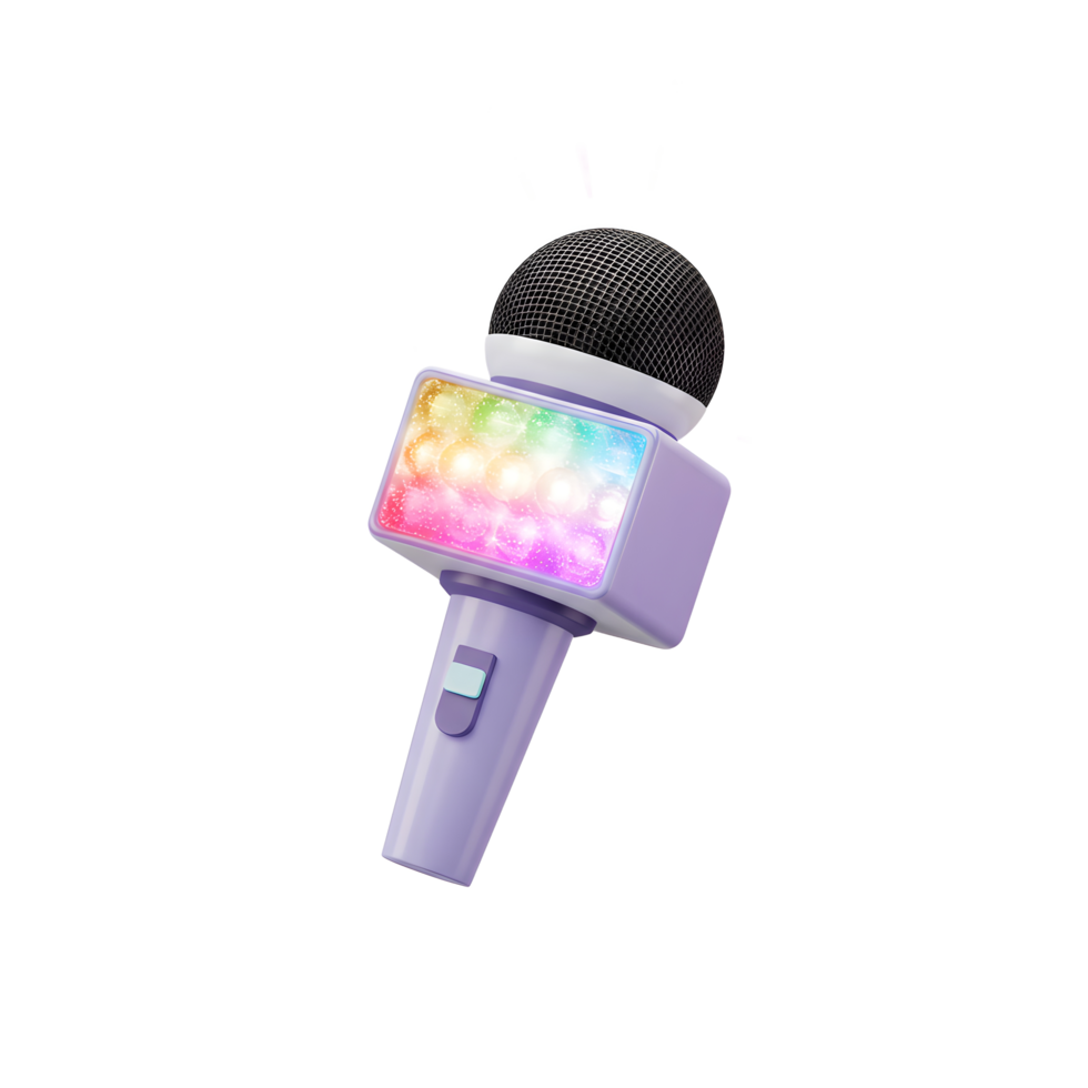 A playful purple toy microphone features rainbow colored lights and musical notes, perfect for children's karaoke and pretend play. png
