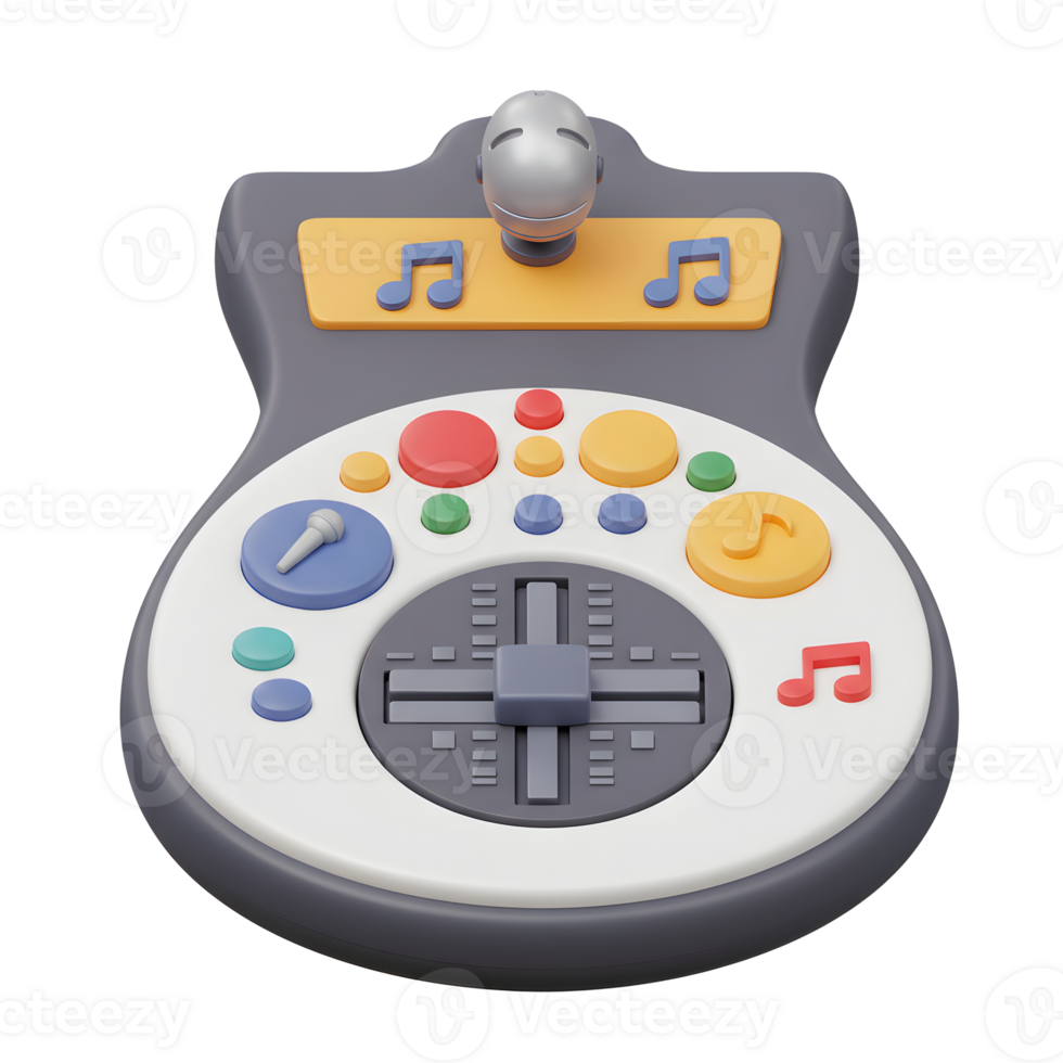 A colorful music mixer features a microphone, buttons, sliders, and music notes and is designed for creating music. png