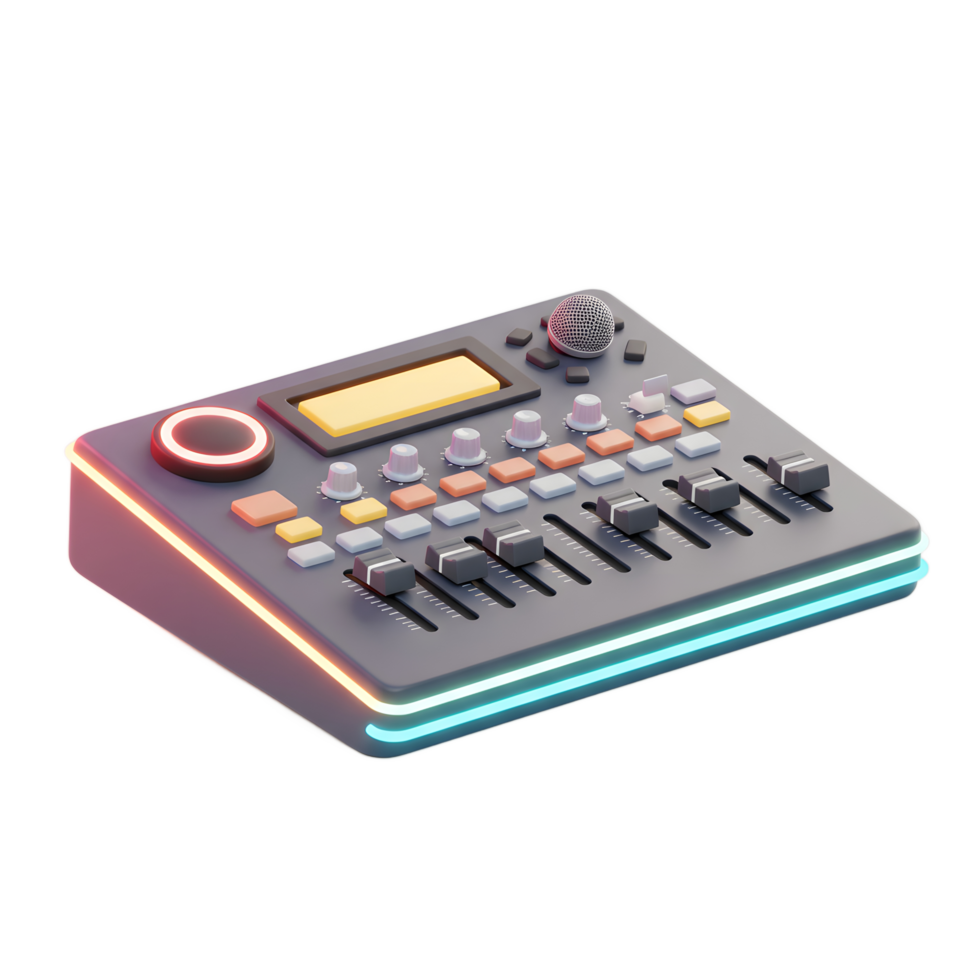 An audio mixer console features a microphone, multiple buttons, faders, and knobs for adjusting audio levels and effects, likely used in recording studios or live performances. png