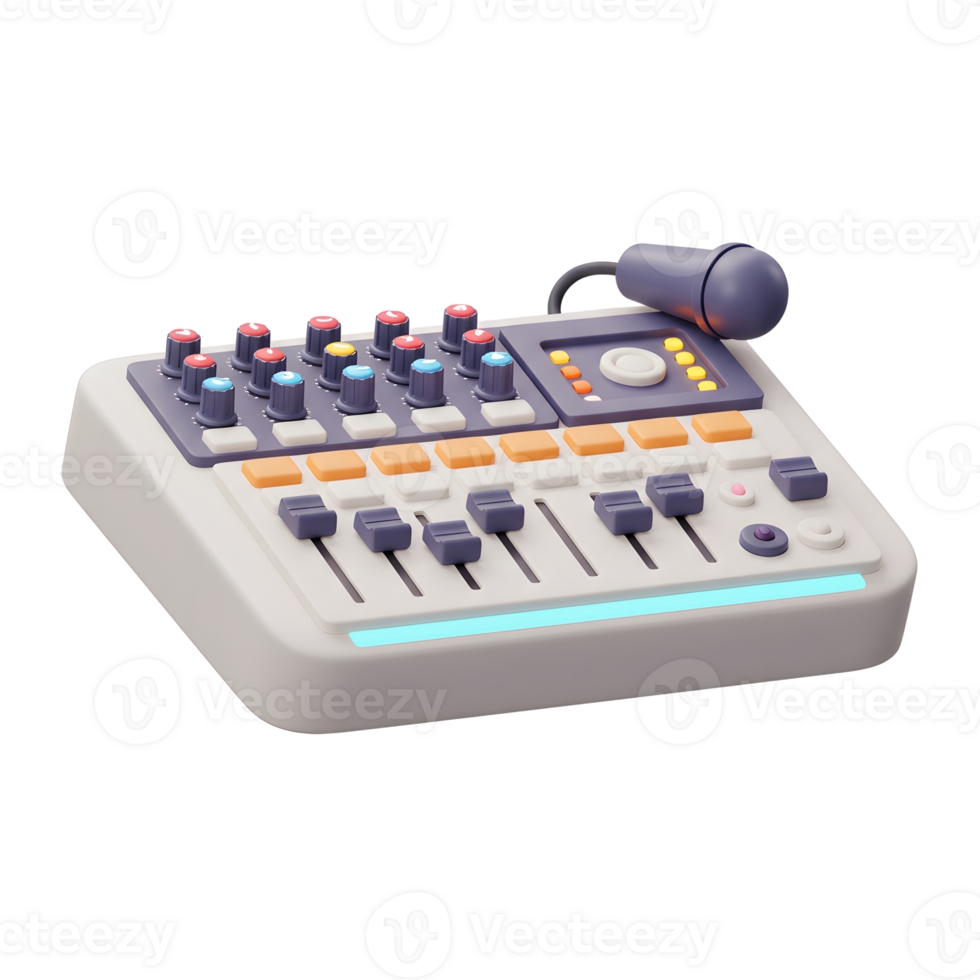 A white audio mixer board is accompanied by a purple microphone, featuring numerous knobs and sliders and is perfect for music production and audio editing. png
