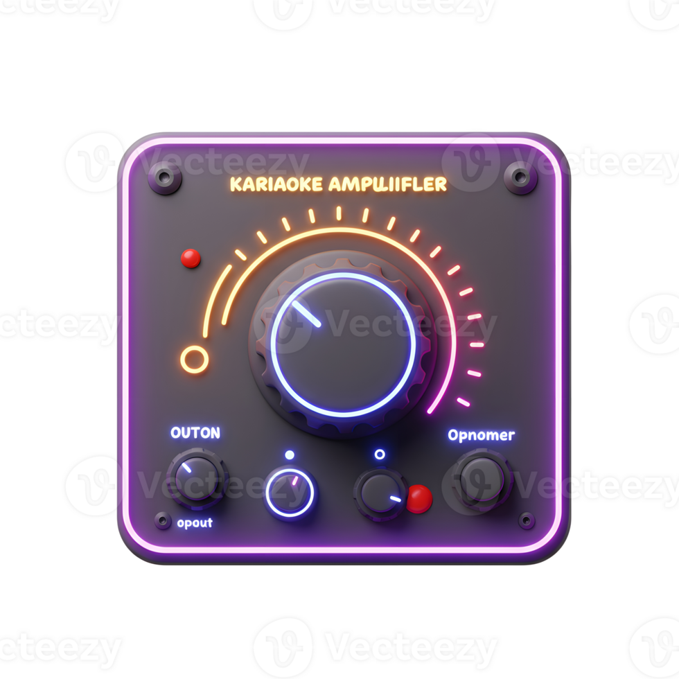This is an image of a futuristic karaoke amplifier featuring a large dial, knobs, and vibrant neon accents, perfect for visual designs. png