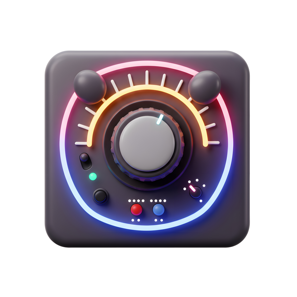 A futuristic square device with a central knob and neon lights is shown in this image, potentially for music or sound control. png