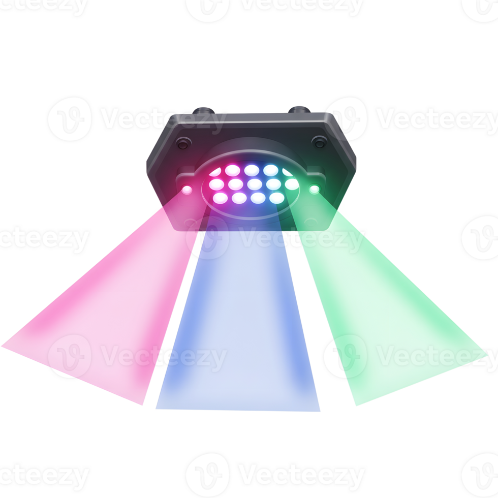 Stage light emits beams in red, blue, and green colors, creating a dynamic display ideal for parties and events. png