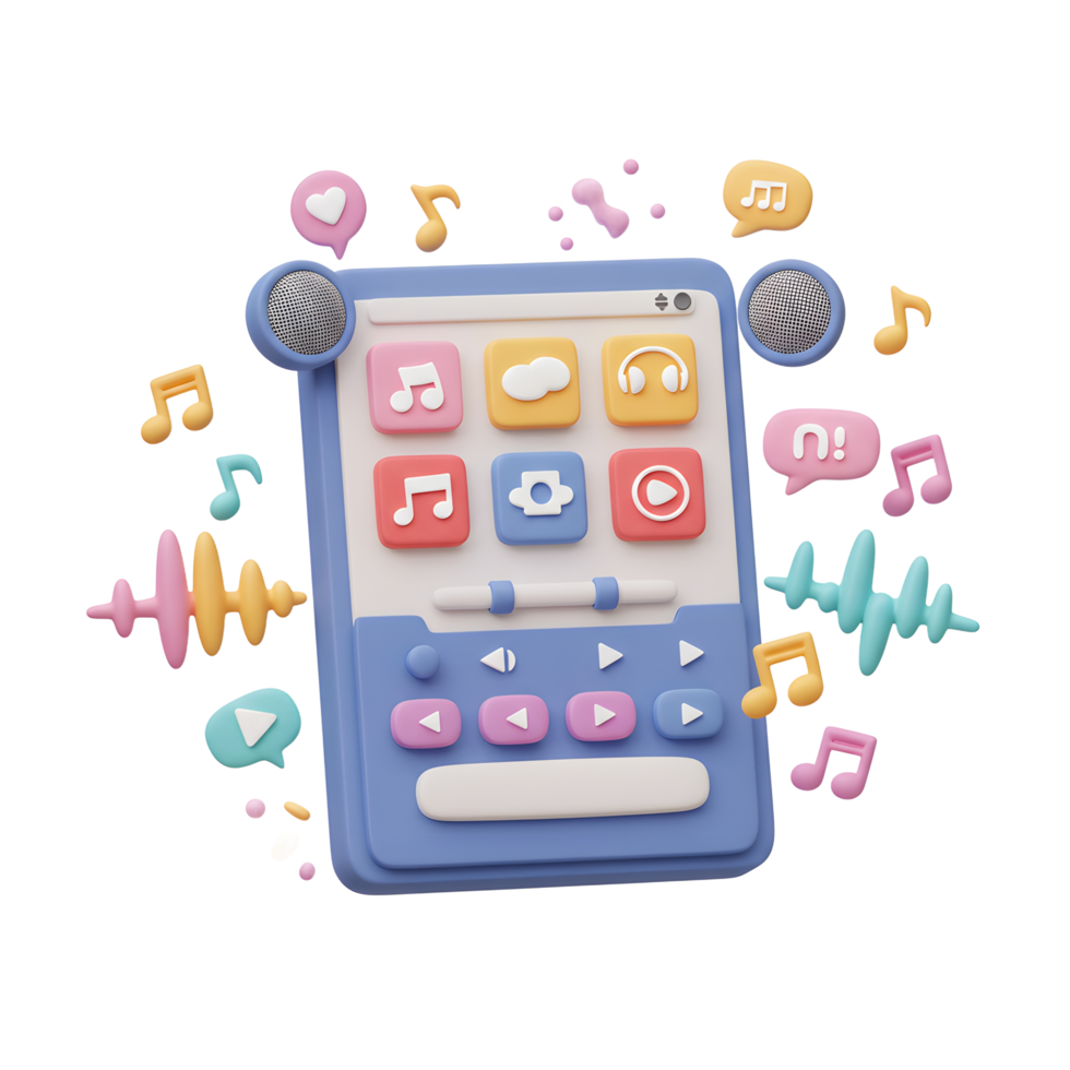 A pastel colored music player with various icons and sound waves suggests interactive music listening and creation. png
