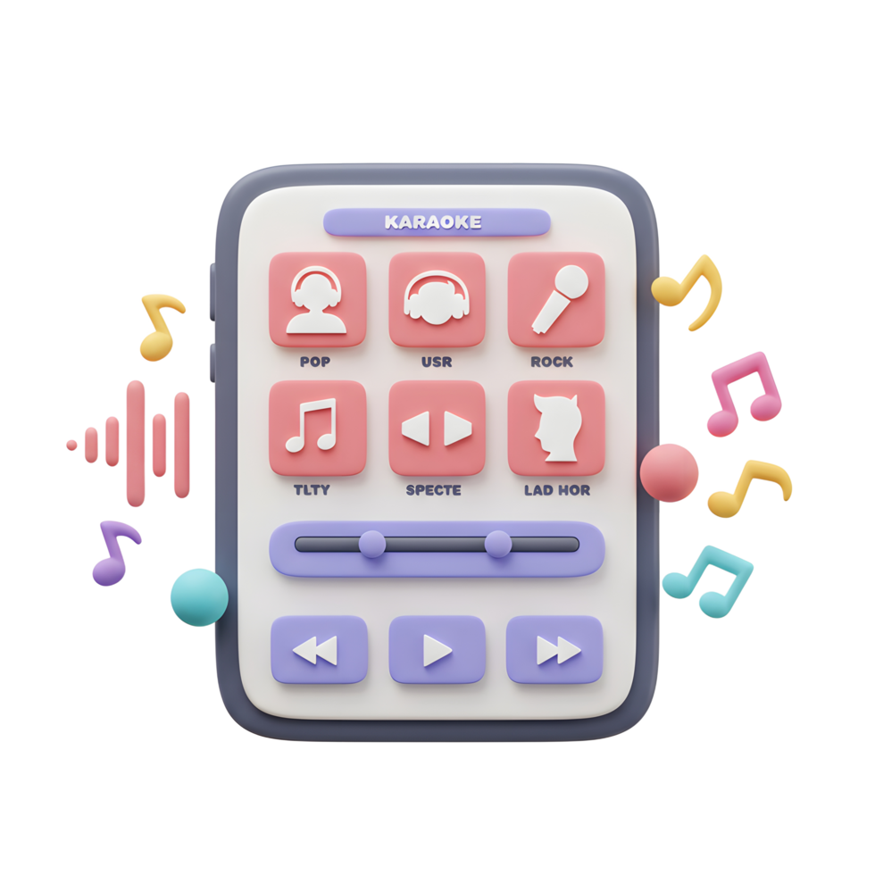 Pastel-colored 3D illustration of a smartphone application interface used to record karaoke, containing various icons and controls. png