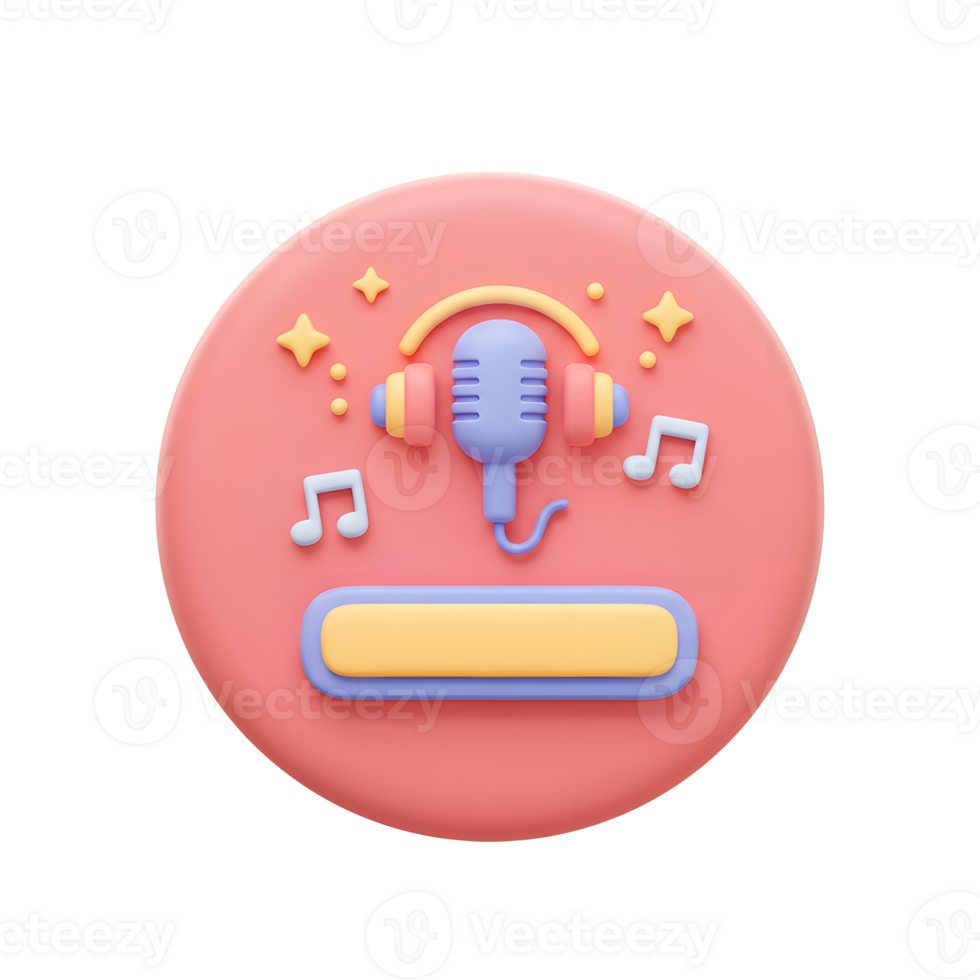 A 3D render showcases a microphone with headphones and a button, creating a playful and inviting visual for podcasting or audio-related content. png