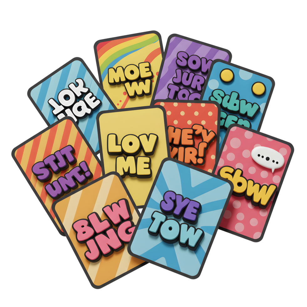 Colorful cards feature various acronyms and phrases represented in word bubbles, adding a playful element to social media engagement. png