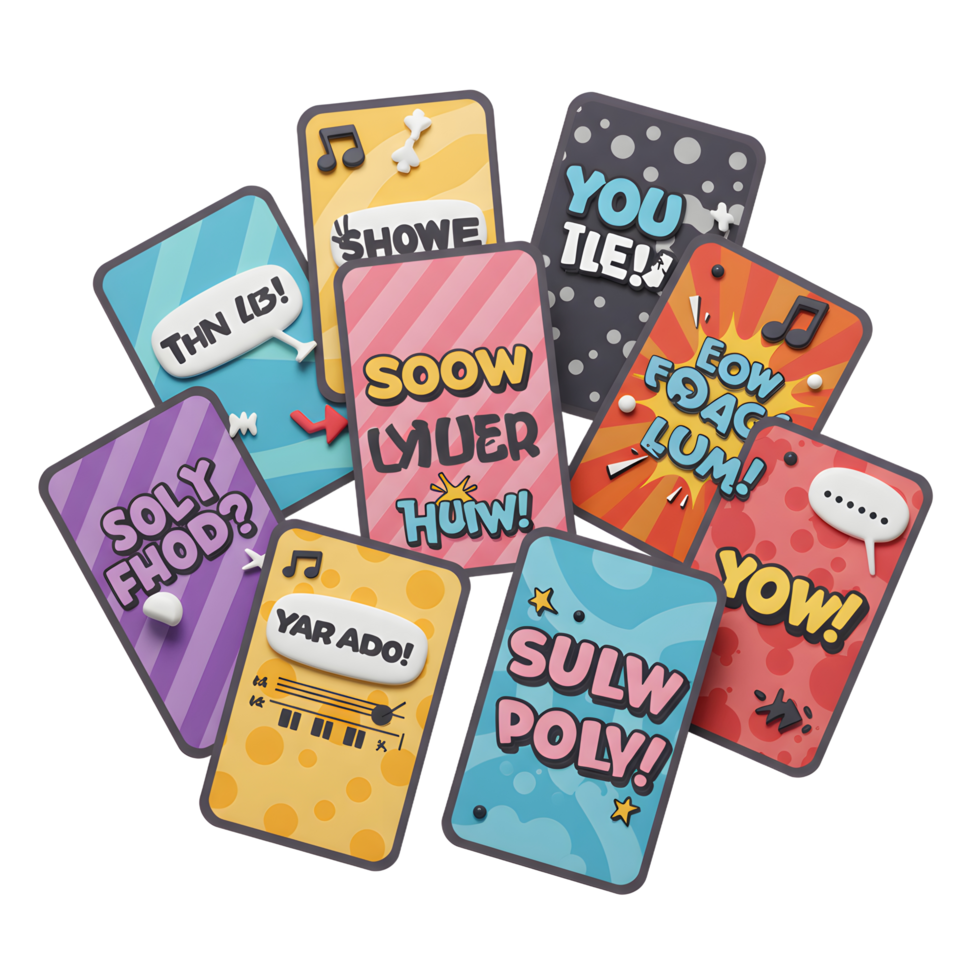 A set of colorful cards with phrases and illustrations is displayed, suggesting a playful and creative learning tool for communication. png