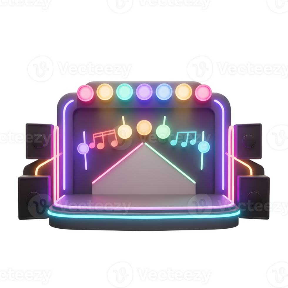 This neon stage setup with speakers features musical notes and lights, suggesting a vibrant atmosphere for a performance or event. png
