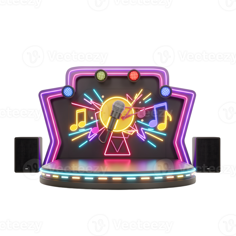 An illustration of a stage with a microphone and neon lights is a decorative element that can be used in design. png