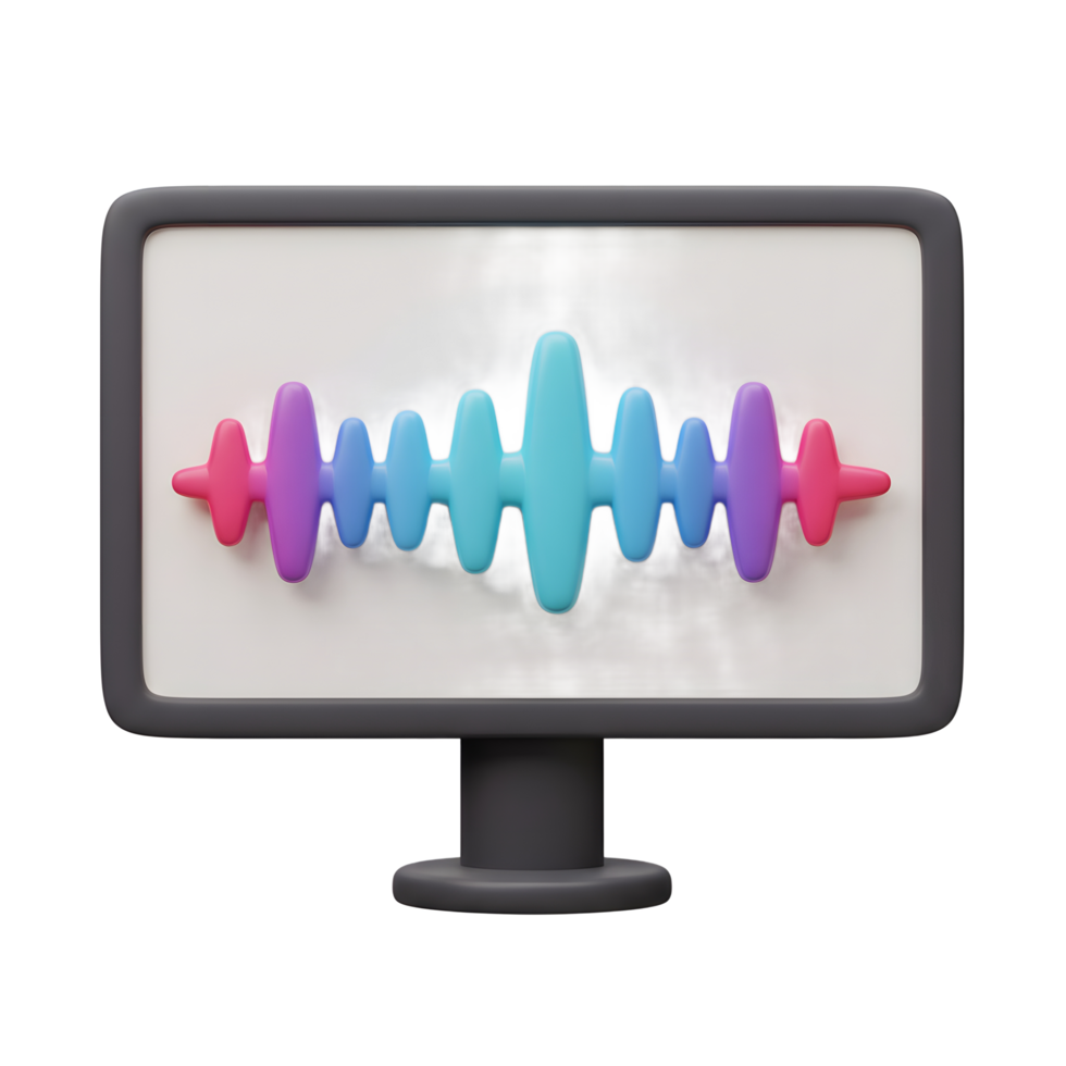 An illustration features a colorful sound wave displayed on a computer monitor, likely used for audio editing or sound analysis. png