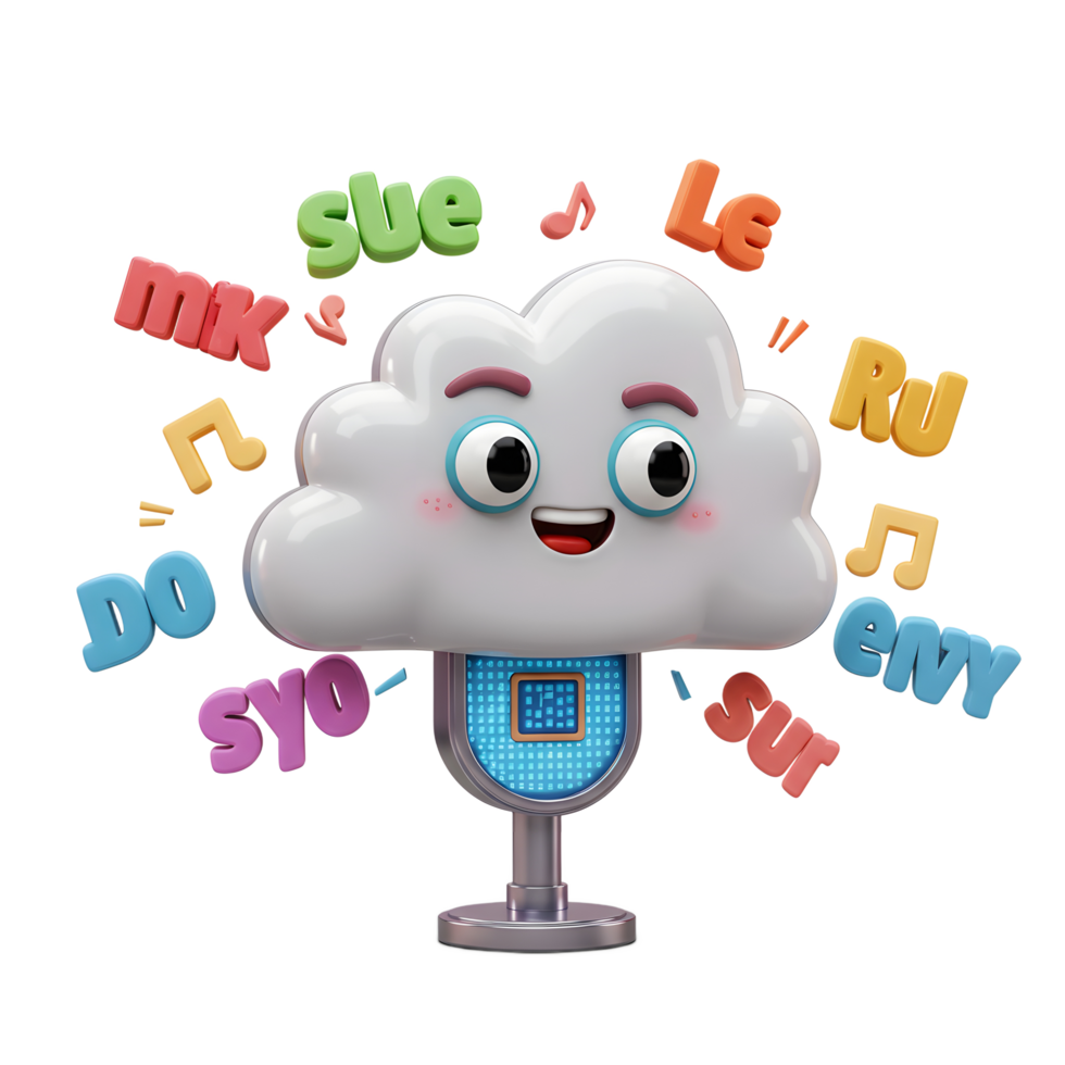 A cartoon cloud with a microphone-like stand is surrounded by colorful letters and music notes to represent sound or music. png