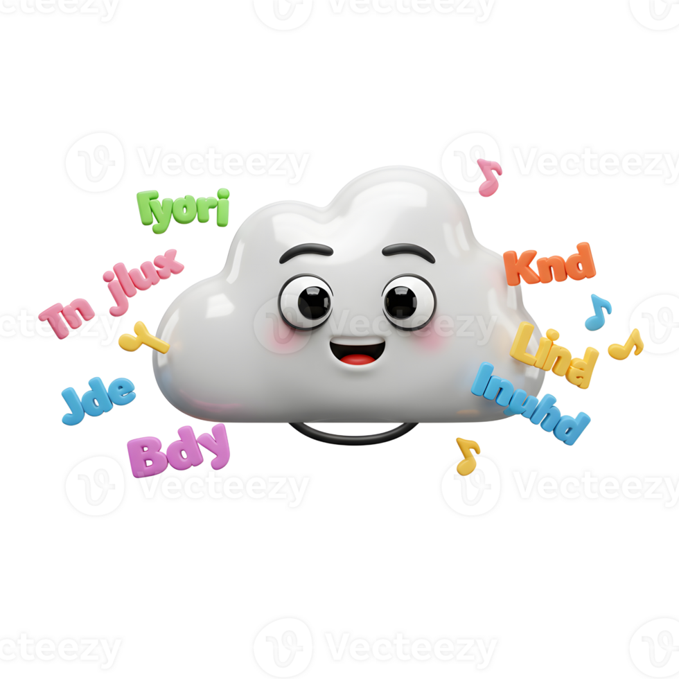 This cartoon cloud character with colorful letters and musical notes creates a whimsical and playful illustration, making it suitable for children's content. png
