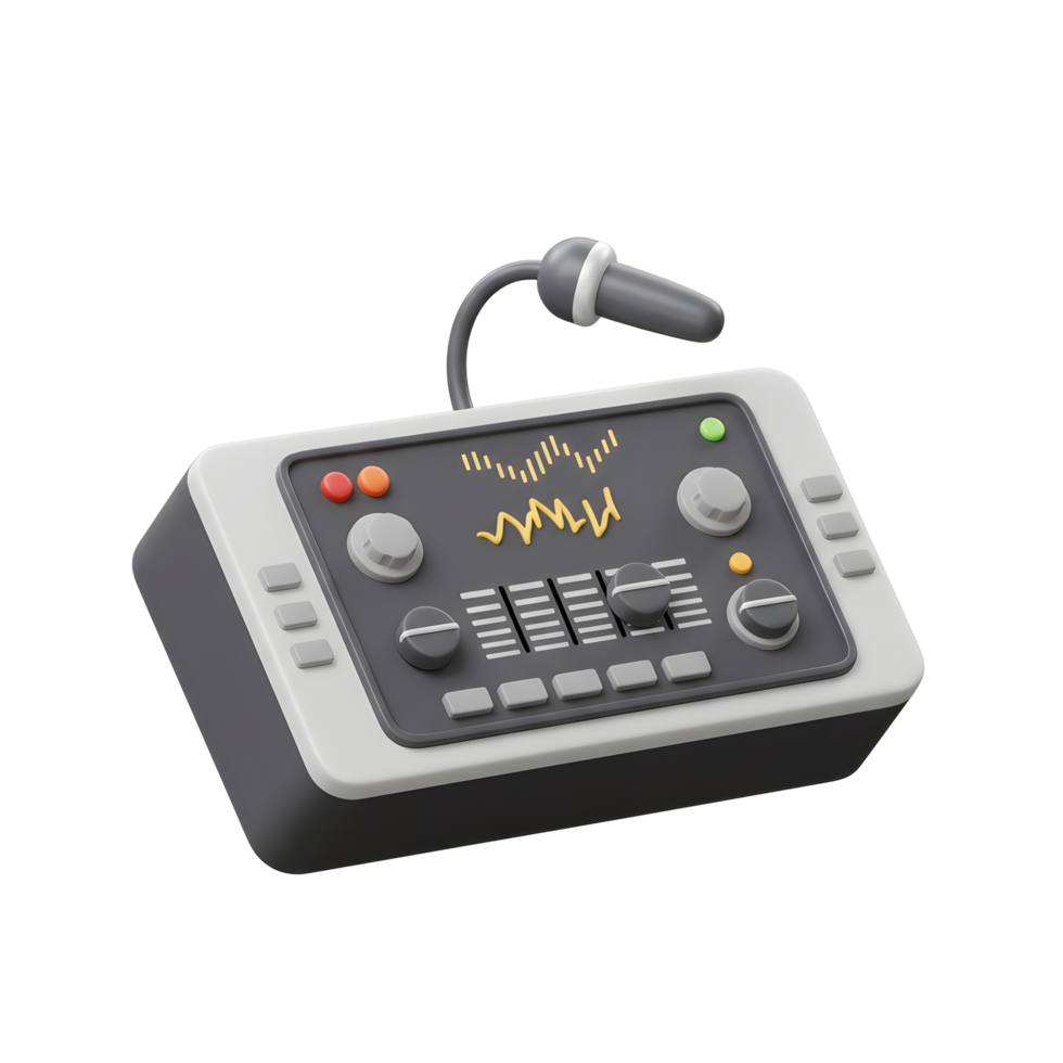 Grey and white audio sound mixer features buttons, knobs, sliders, and a microphone for controlling and adjusting audio levels during recording or live broadcasting. png