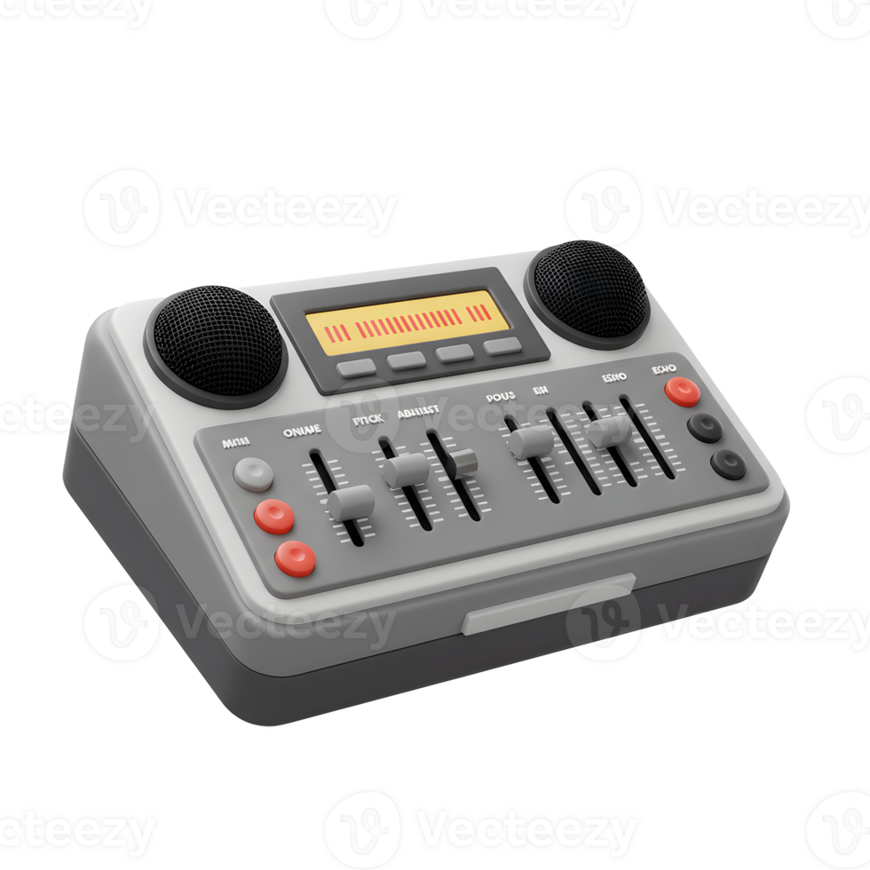 A grey audio mixer with sliders, buttons, display and speakers provides audio adjustments for recording and broadcast. png