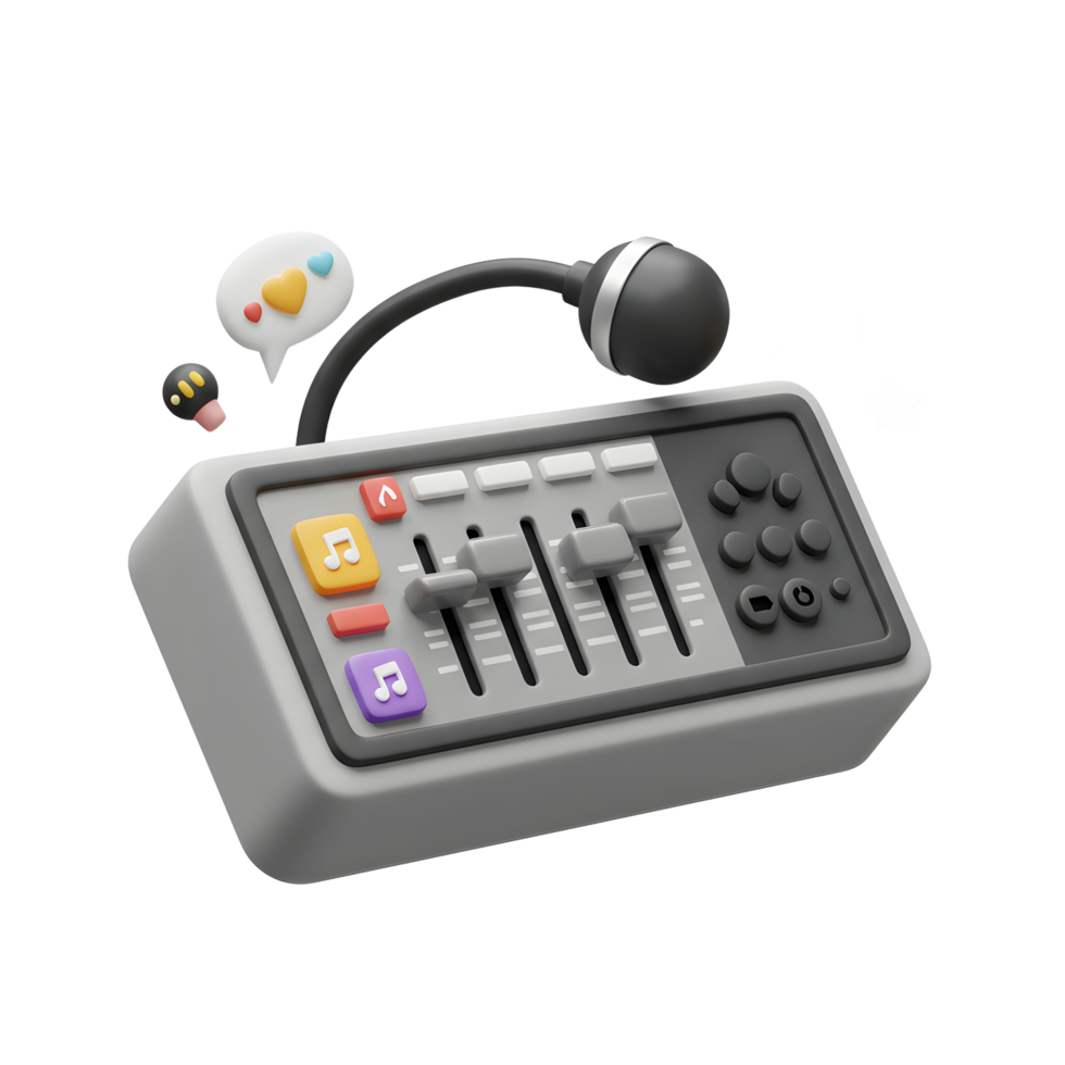 A cartoon-style sound mixer with a microphone and social media icons is displayed, showcasing digital audio control and online interaction. png