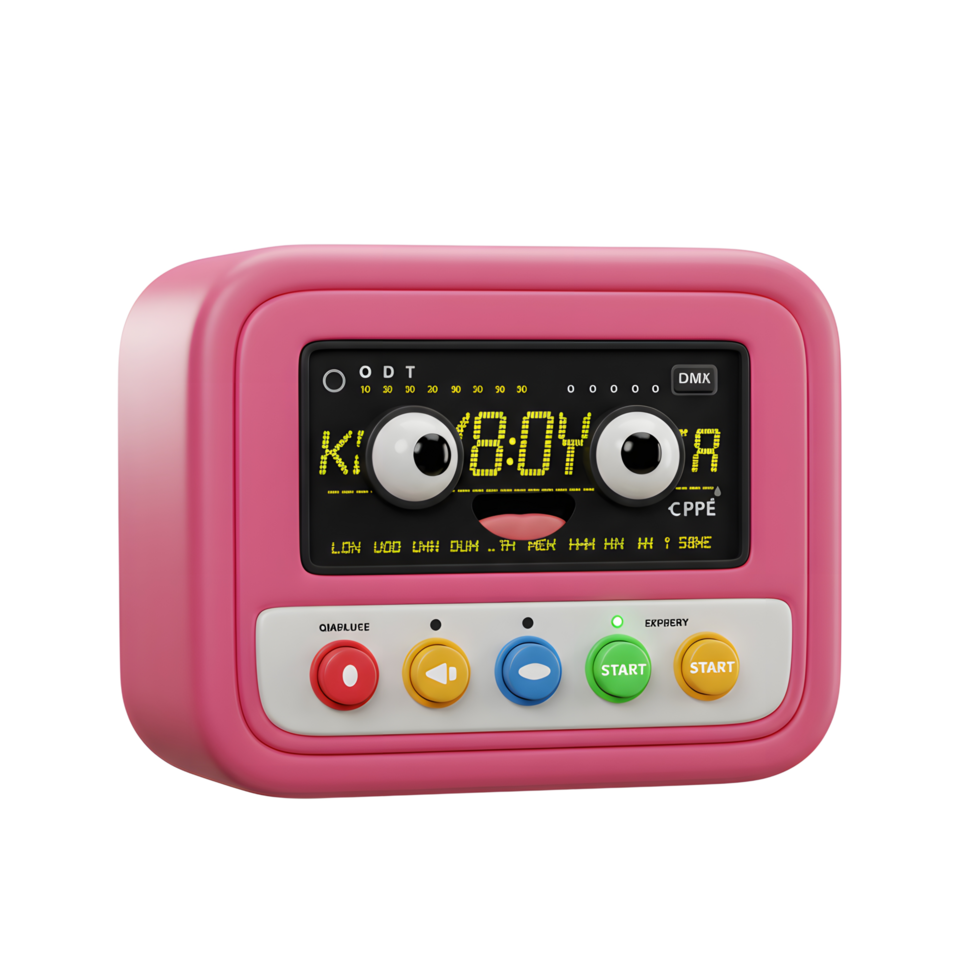 Pink device with a screen, cartoon eyes, buttons, and a digital display is playful and can be used for toy mockups. png