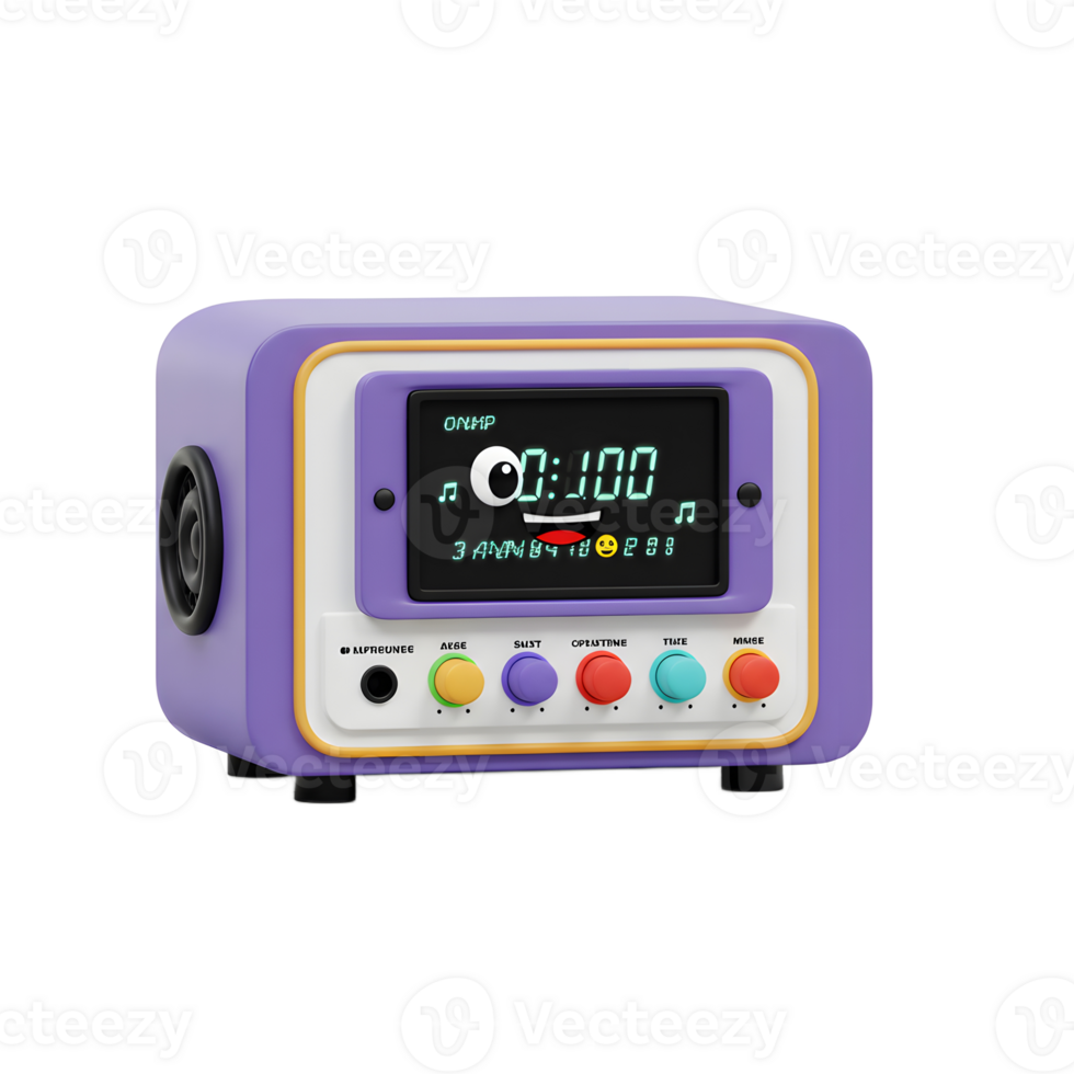 Retro purple alarm clock with digital display and googly eye is shown on a white background, perfect for waking up and staying on time. png