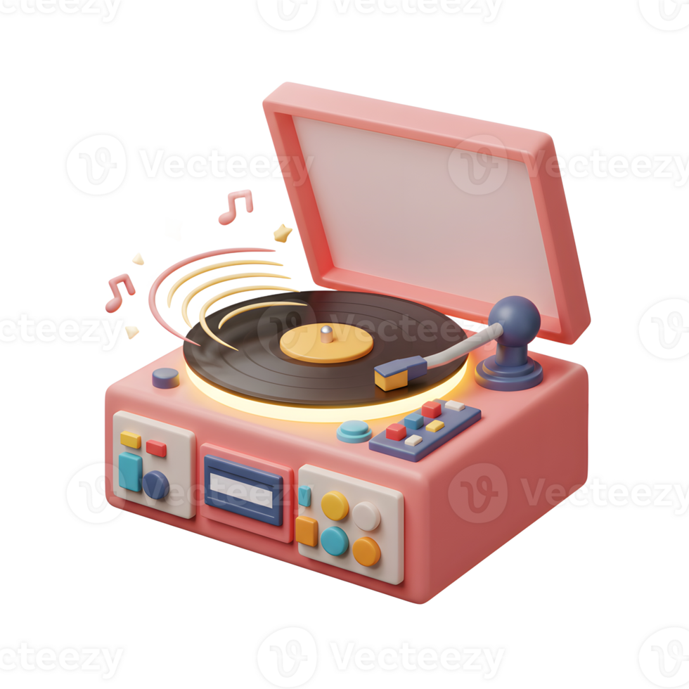 A pink turntable plays a vinyl record with music notes and stars floating above it, perfect for listening to music. png