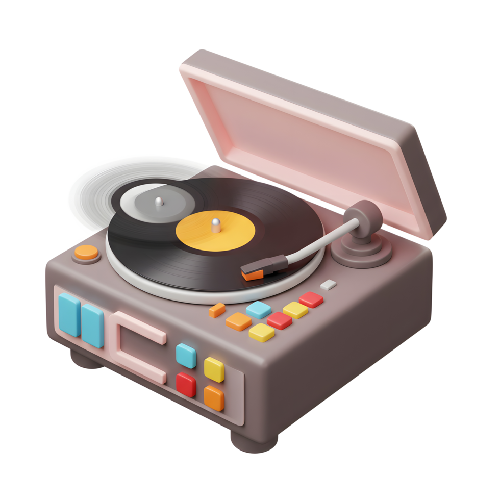 A record player is spinning a vinyl disc, which can be used for playing music. png