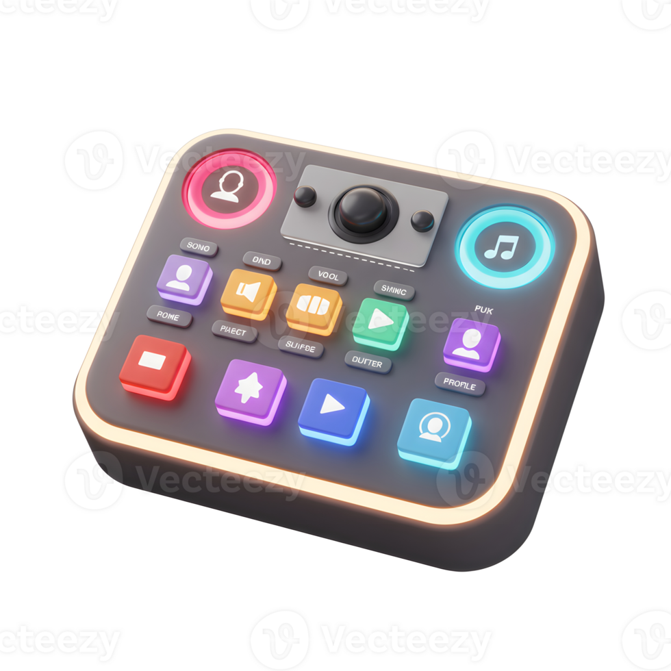 A streaming deck with multiple illuminated buttons and a control knob sits against a white background, used for audio and control. png