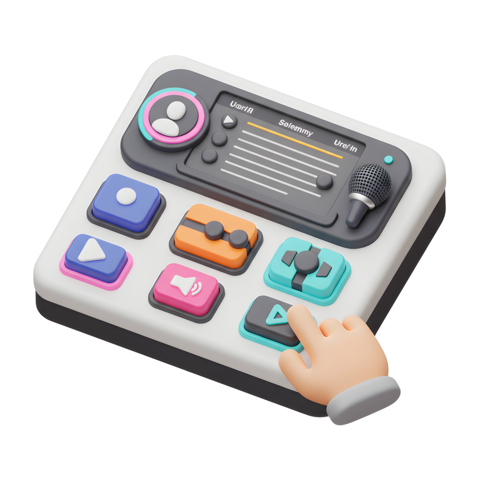 A hand presses a button on a podcast console with a microphone, indicating use for audio or recording. png