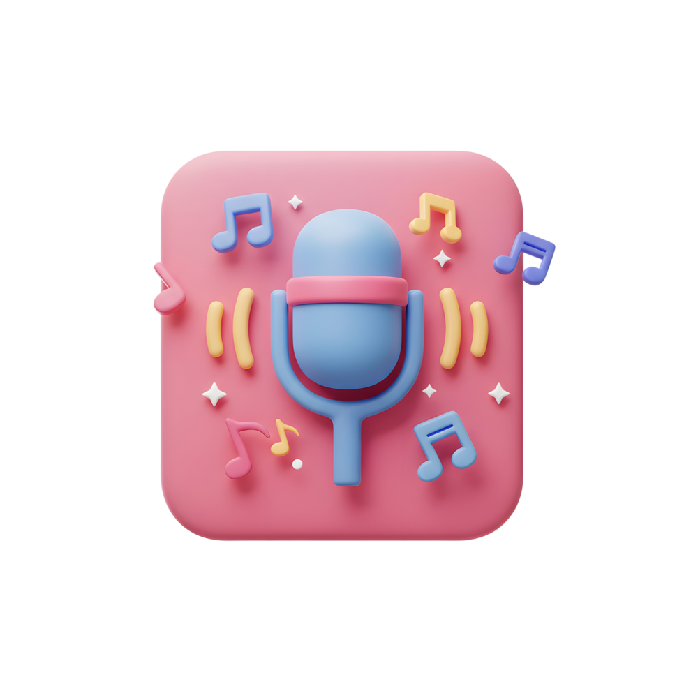 A cartoon-style microphone is surrounded by music notes and sound waves on a pink background, ideal for representing audio content creation. png