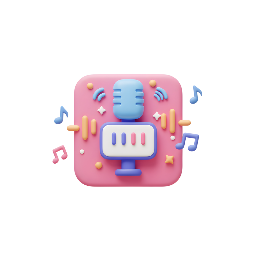 A light blue microphone and several musical notes are displayed against a pink square backdrop, ideal for illustrating podcasting or music production concepts. png