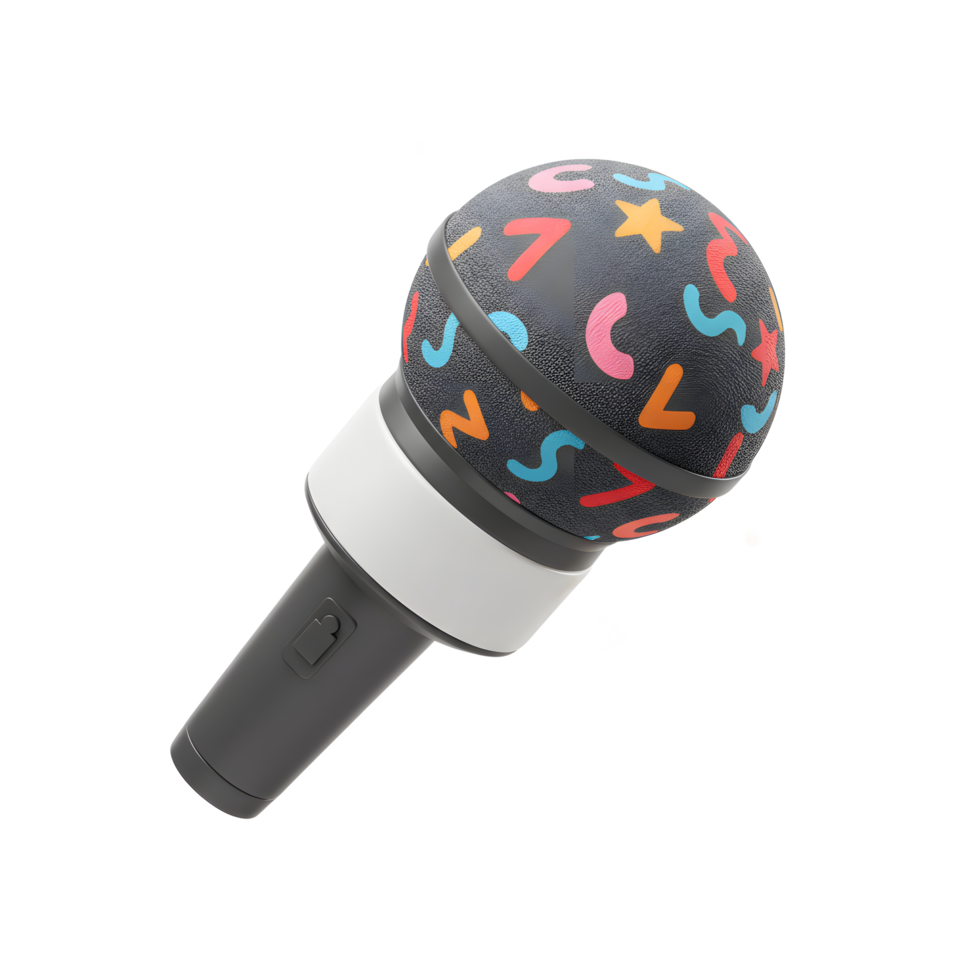 A microphone with a patterned head is surrounded by colorful confetti, suggesting a lively and celebratory atmosphere, ideal for entertainment events. png