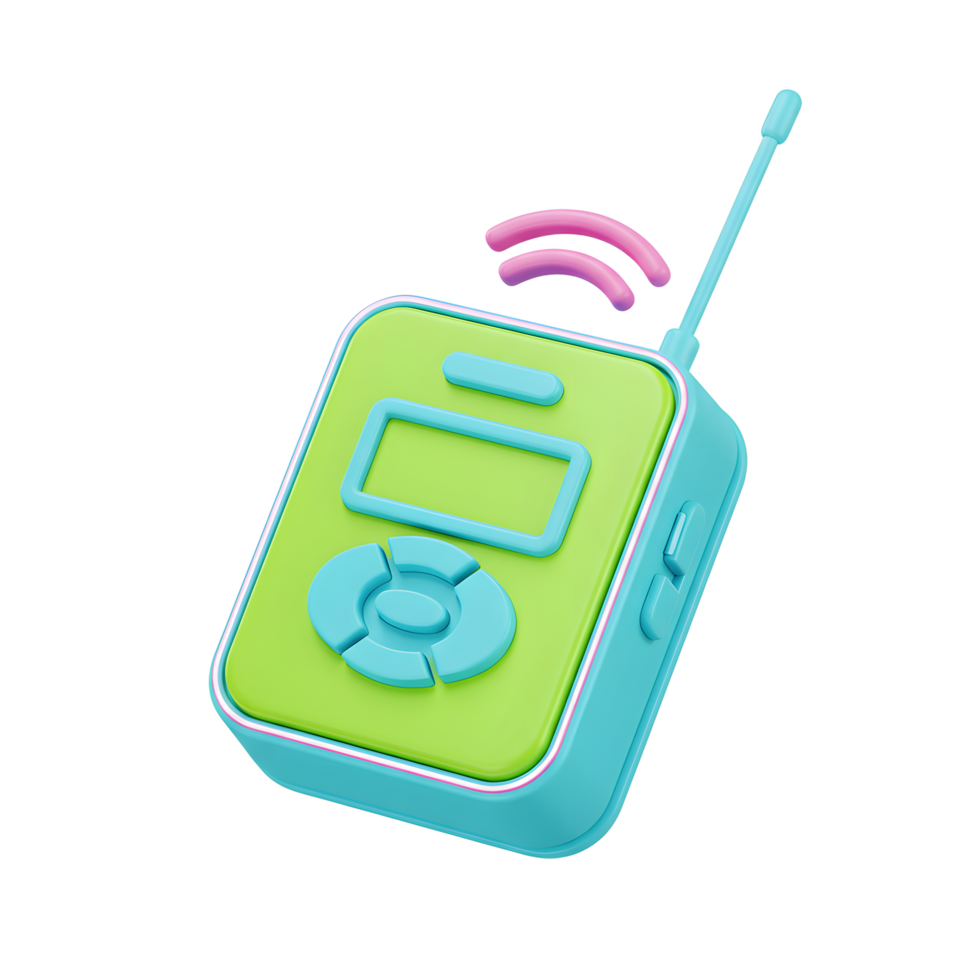 A green and blue walkie talkie stands out against a white background and shows radio waves emanating from its antenna, suggesting communication is in progress and for communication purposes. png
