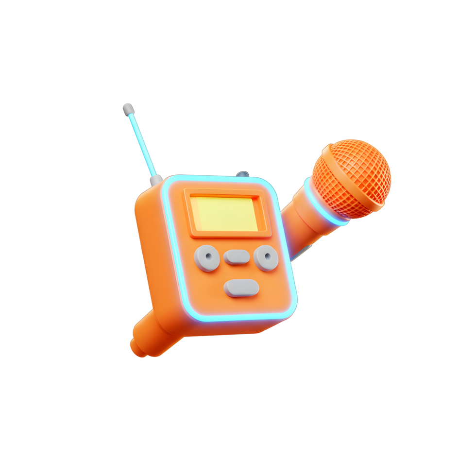 A bright orange wireless microphone and receiver unit are displayed, likely used for broadcasting. png