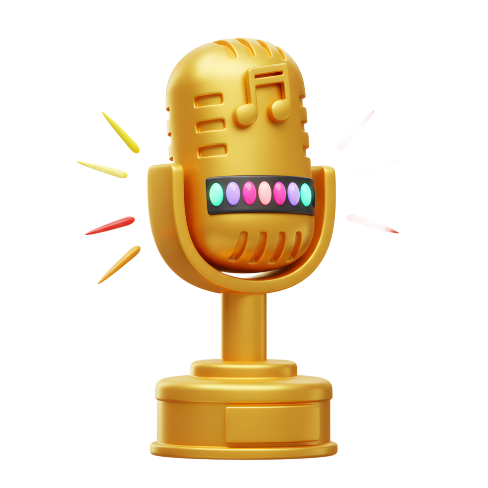 A golden microphone with a musical note and colorful lights emits colorful rays, adding a touch of vibrancy to audio recording or entertainment purposes. png