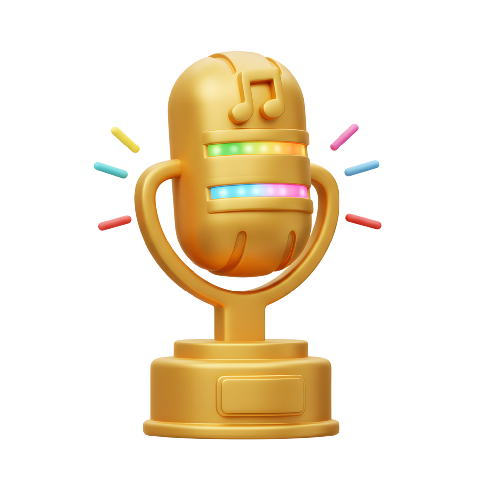 A golden microphone with colorful stripes and a musical note symbol rests on a base against a white backdrop, suitable for use in music-related promotions. png