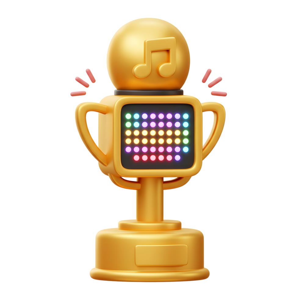 This golden trophy featuring a music note and a colorful display represents achievement and success, perfect for recognizing accomplishments in music or related fields. png