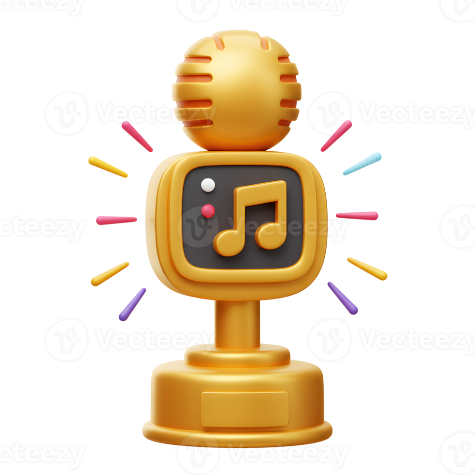 A golden award with a microphone and a musical note is depicted, symbolizing achievement in music and entertainment content. png