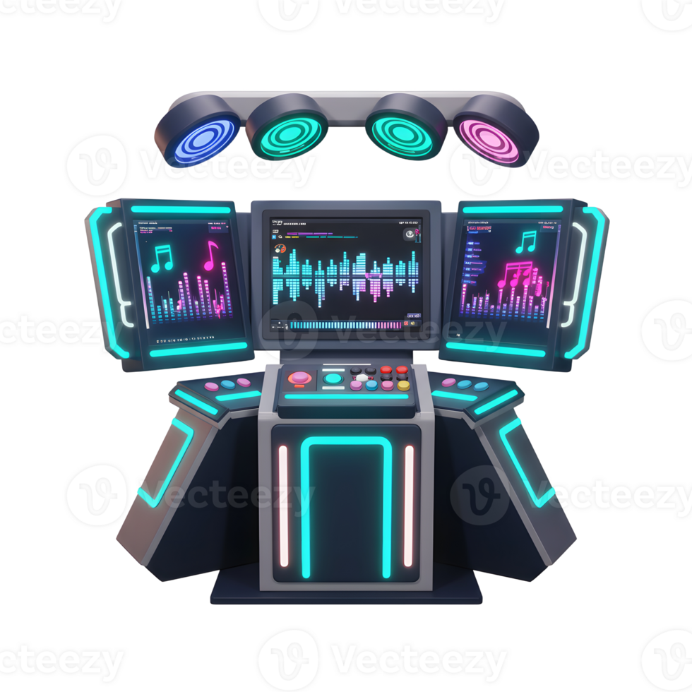 This futuristic sound mixing station features multiple screens displaying sound wave visualizations, buttons, and neon accents to create music. png