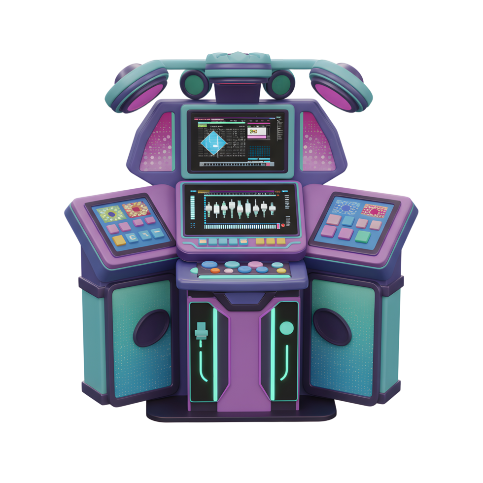 This is a cartoon style control panel with multiple screens, buttons, and headphones, rendered in teal and purple colors and can be used for creative projects. png